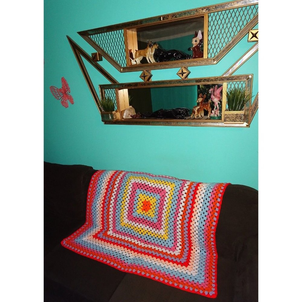 Vintage Multicolor Square Shaped Afghan mcm throw blanket retro bordered